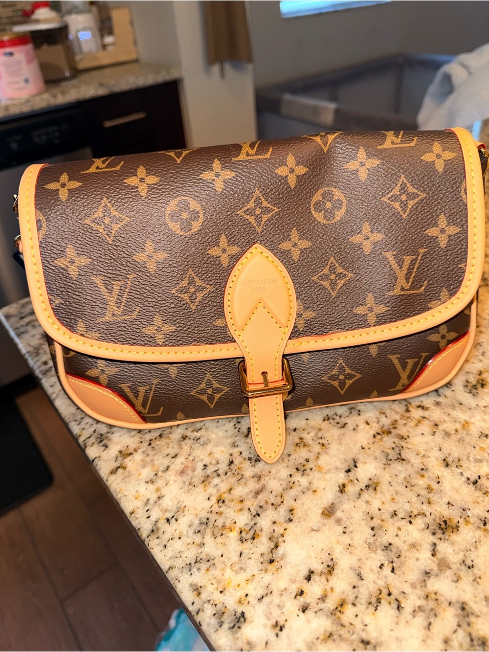 Louis Vuitton Monogram Shoulder Bag with Natural Leather Trim and Orange Edge